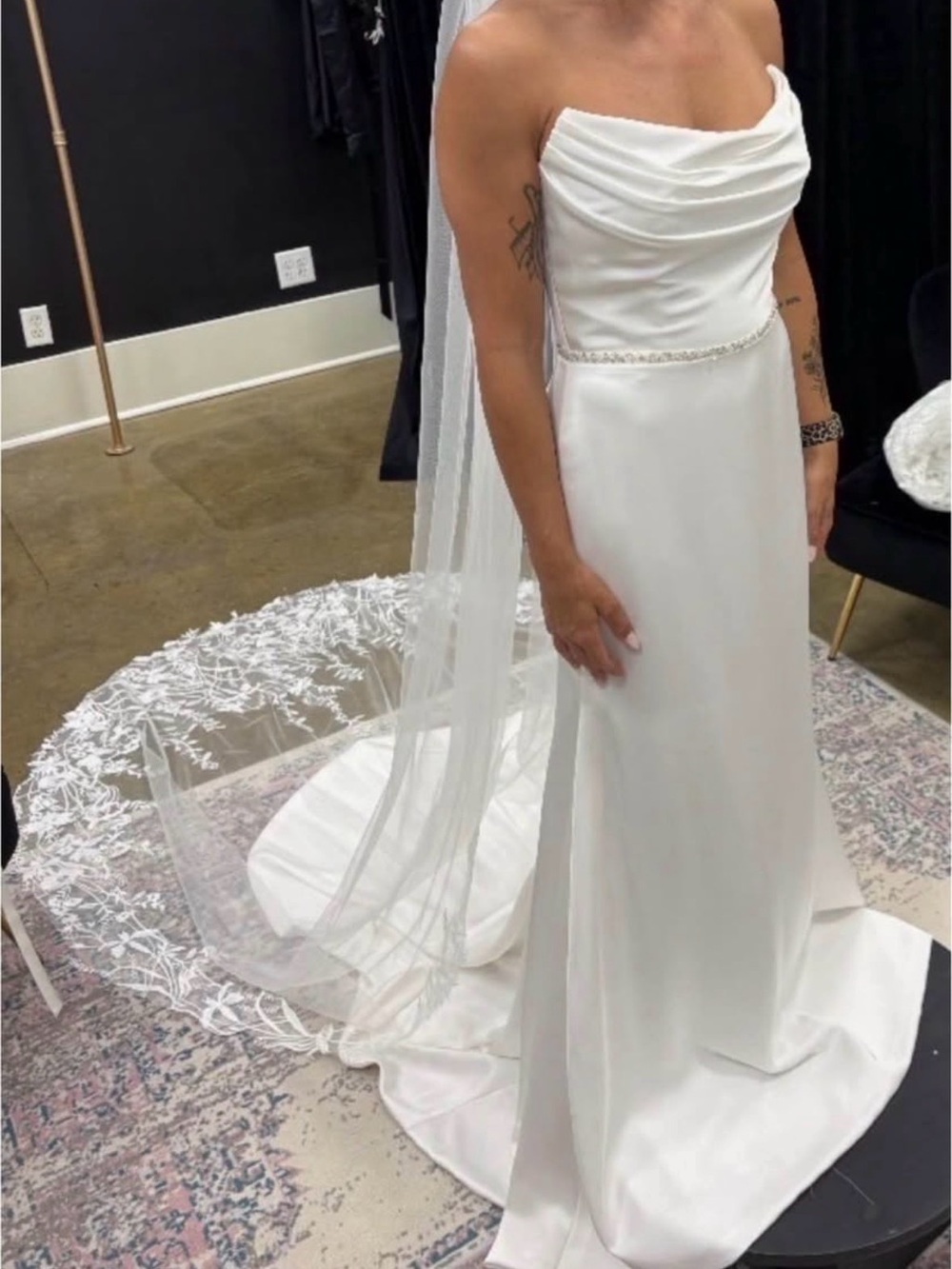 Strapless White Bridal Gown with Draped Bodice and Beaded Waist
